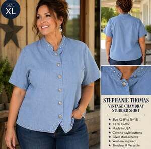 Stephanie Thomas Women Western Denim Studded Button /Trim Top  Size 16 Vintage